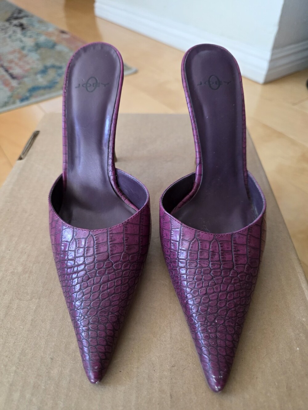 Pointed Croc-Embossed Slip-On Mule in Plum